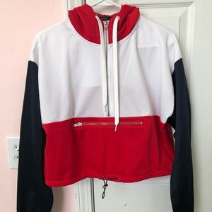 cropped colorblocked hoodie with zip front pocket